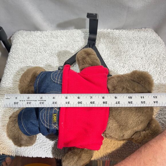 Lee Dungarees Jeans Happy Holidays Teddy Bear 12" x 10" Red Sweater Plush Soft - Picture 12 of 13